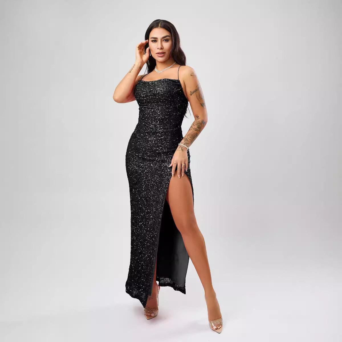 Sequin Spaghetti Strap High Split Ruched Maxi Gown - View 3