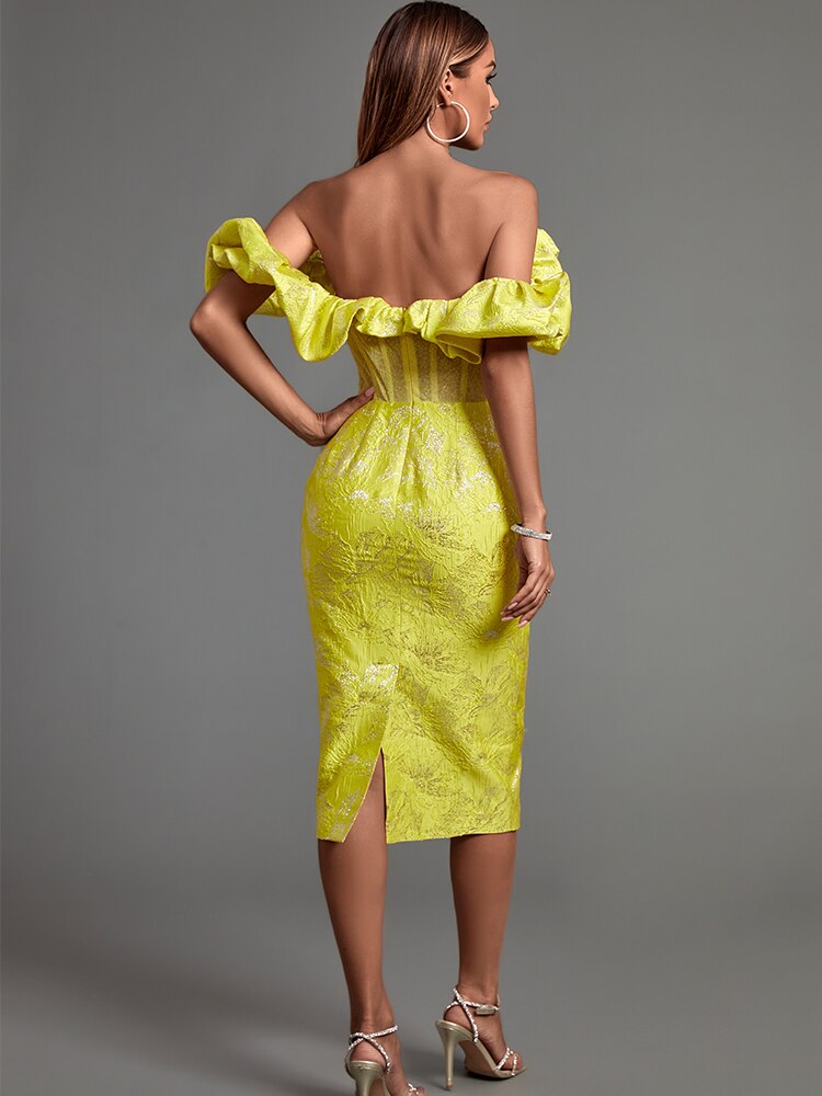 Off Shoulder Puff Sleeve Ruffle Jacquard Bodycon Midi Dress 6