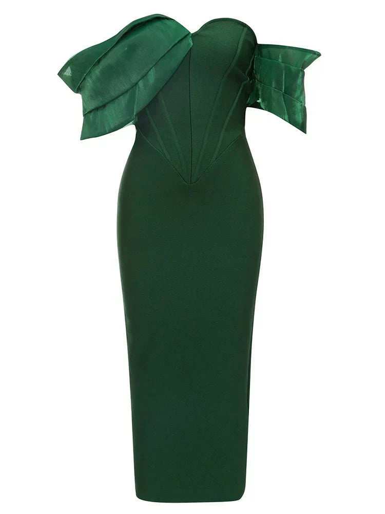 Off Shoulder Sweetheart Draped Sleeve Corset Bodycon Midi Dress 7