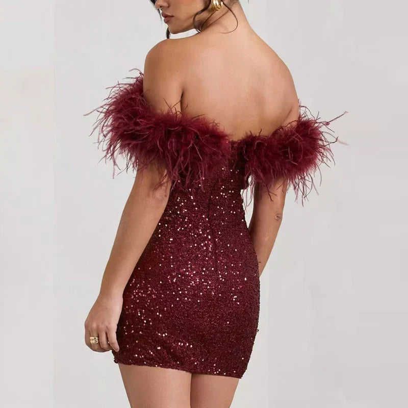 Off Shoulder Feather Trim Sequin Bodycon Mini Dress 2