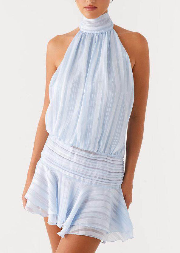 Satin Halter Neck Smocked Waist Tiered Ruffle Shadow Stripe Mini Dress - View 2