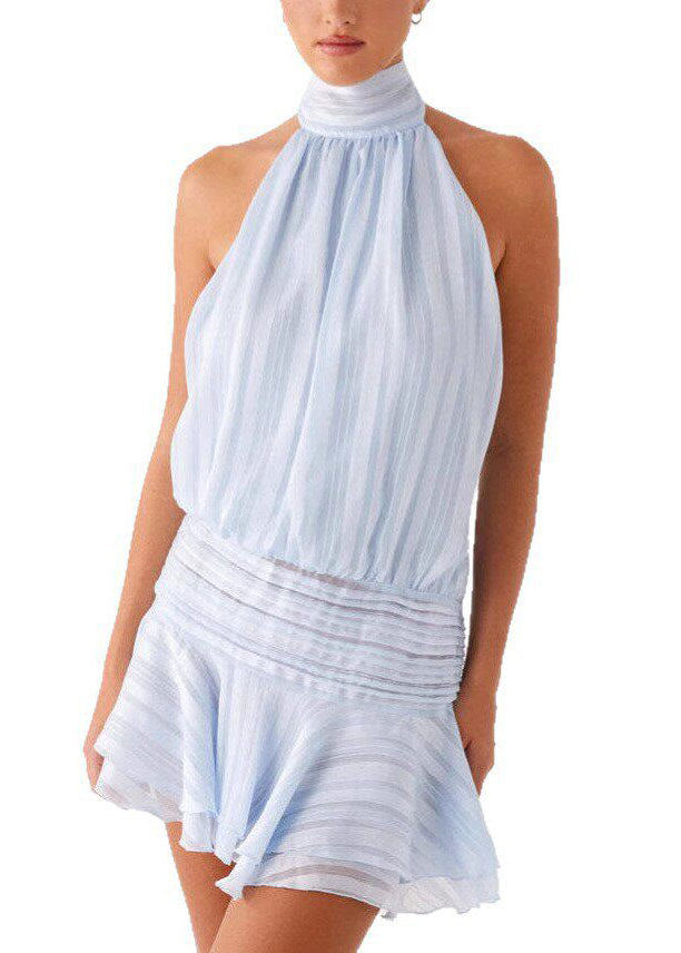 Satin Halter Neck Smocked Waist Tiered Ruffle Shadow Stripe Mini Dress - View 5