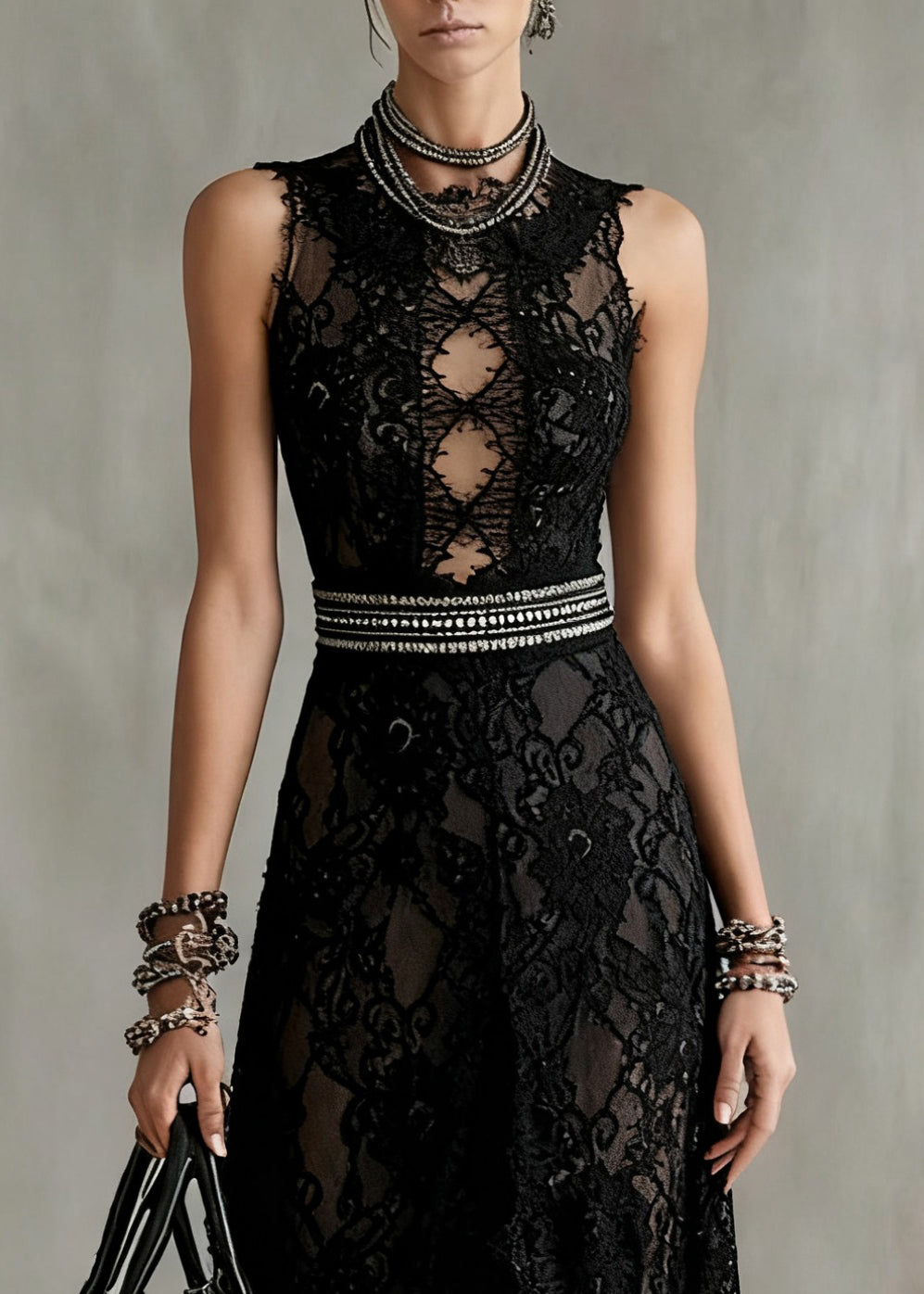 Lace Floral Cut Out Lattice Bodice Studded Waist Maxi Gown - View 2