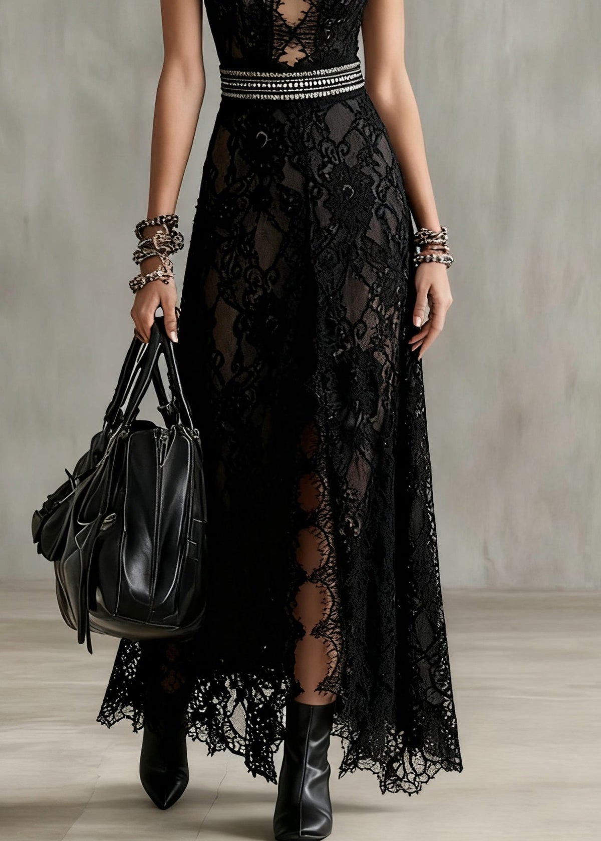 Lace Floral Cut Out Lattice Bodice Studded Waist Maxi Gown - View 4