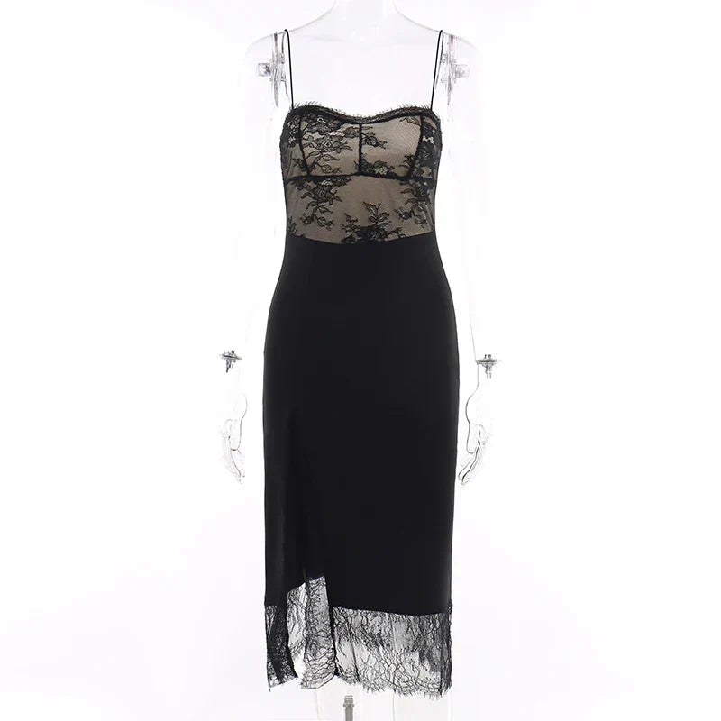 2024 Black Spaghetti Strap Backless Split Lace Dress - View 7