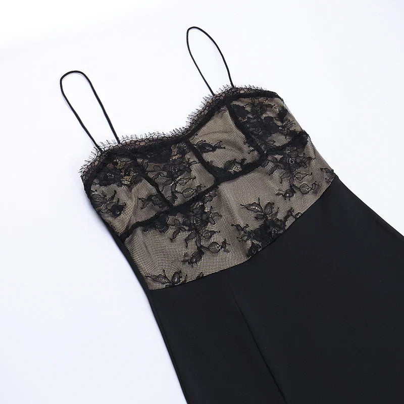 2024 Black Spaghetti Strap Backless Split Lace Dress - View 5