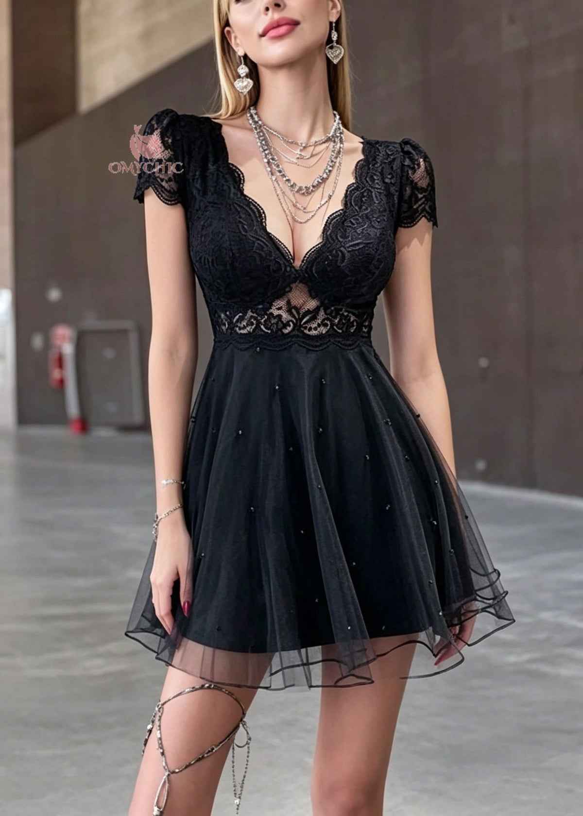 Sexy Black V Neck Lace Patchwork Tulle Mini Dress Summer - View 3