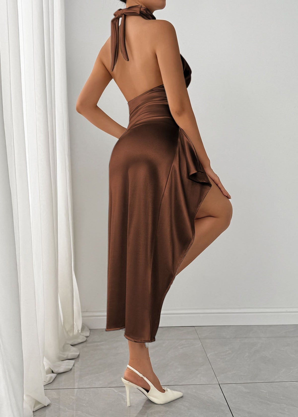 Satin Cowl Halter Neck Cut Out Side Ruched High Split Maxi Gown - View 5