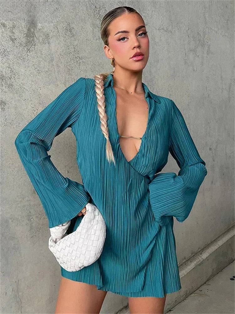 Cut Out Elegant Loose Pleated Mini Dress Dark Green / S