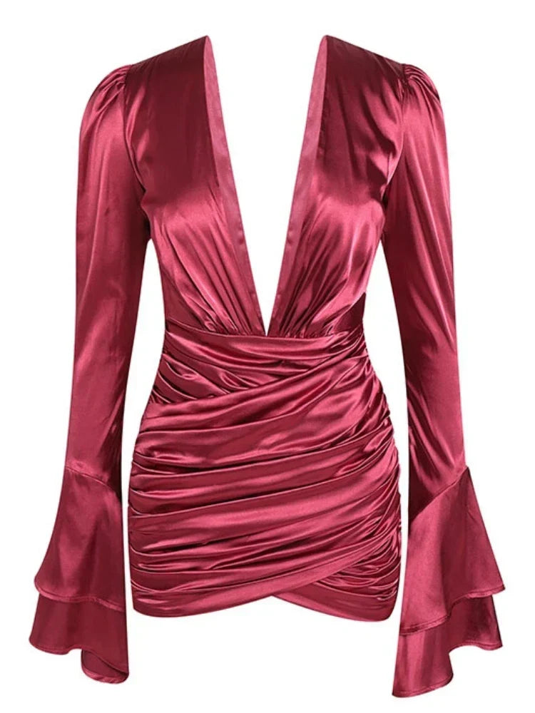 Sexy Deep V Neck Flare Sleeve Pleats Mini Backless Christmas Party Dress Pink / S Dresses-L