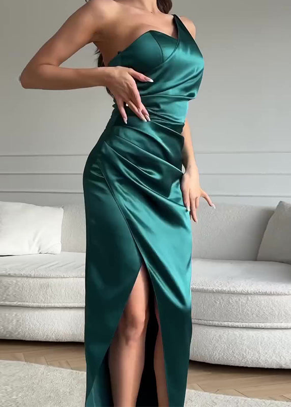 Satin One Shoulder Sleeveless Ruched Diagonal Seam Maxi Dress