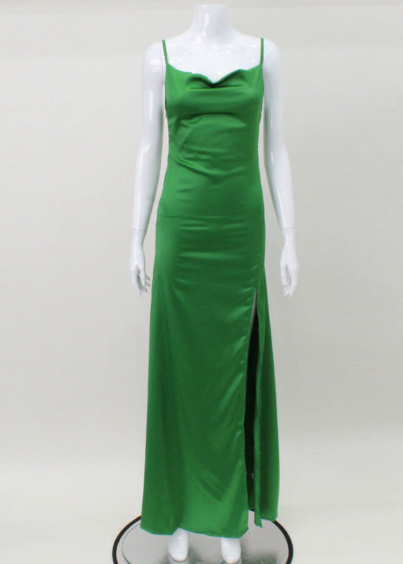 Satin Cowl Neck Spaghetti Strap Side Ruched Gathered Maxi Gown - View 4