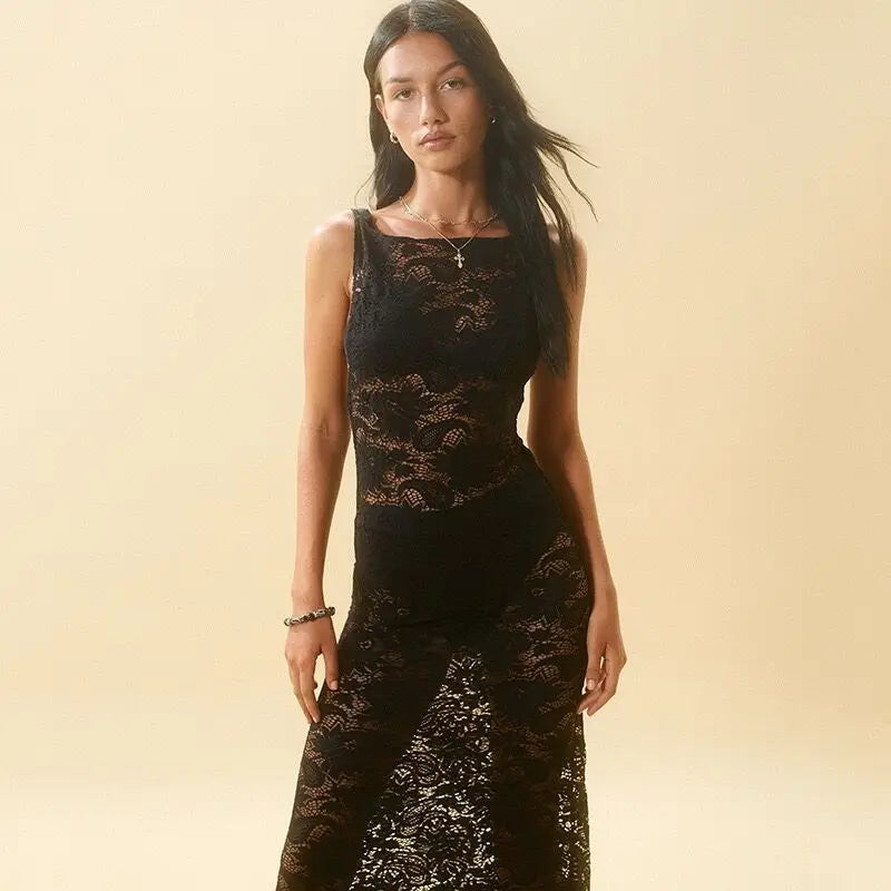 2024 Mesh See Through Slim Maxi Lace Dress - View 4