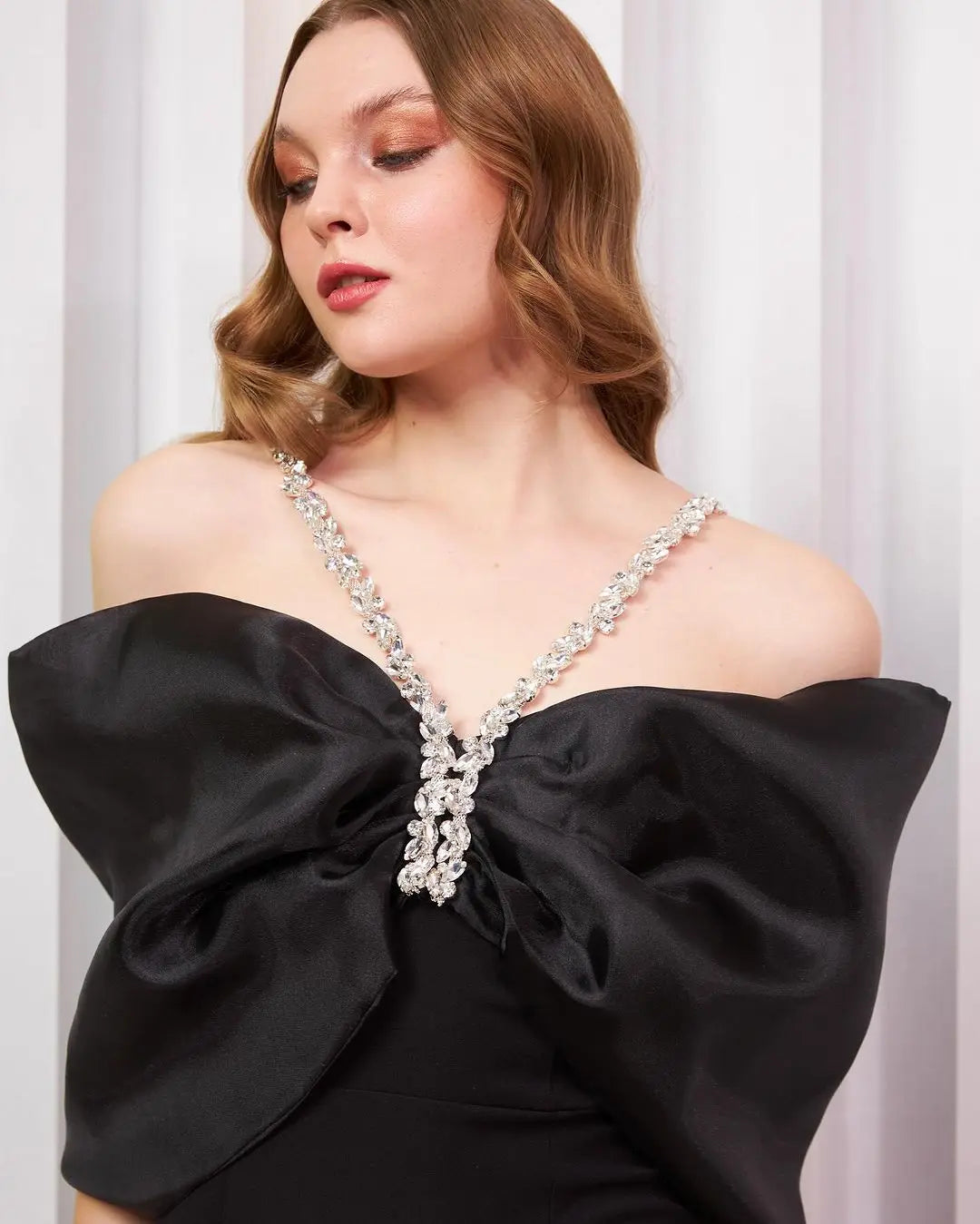 Off Shoulder Rhinestone Strap Puff Satin Ruched Bodycon Maxi Dress 3