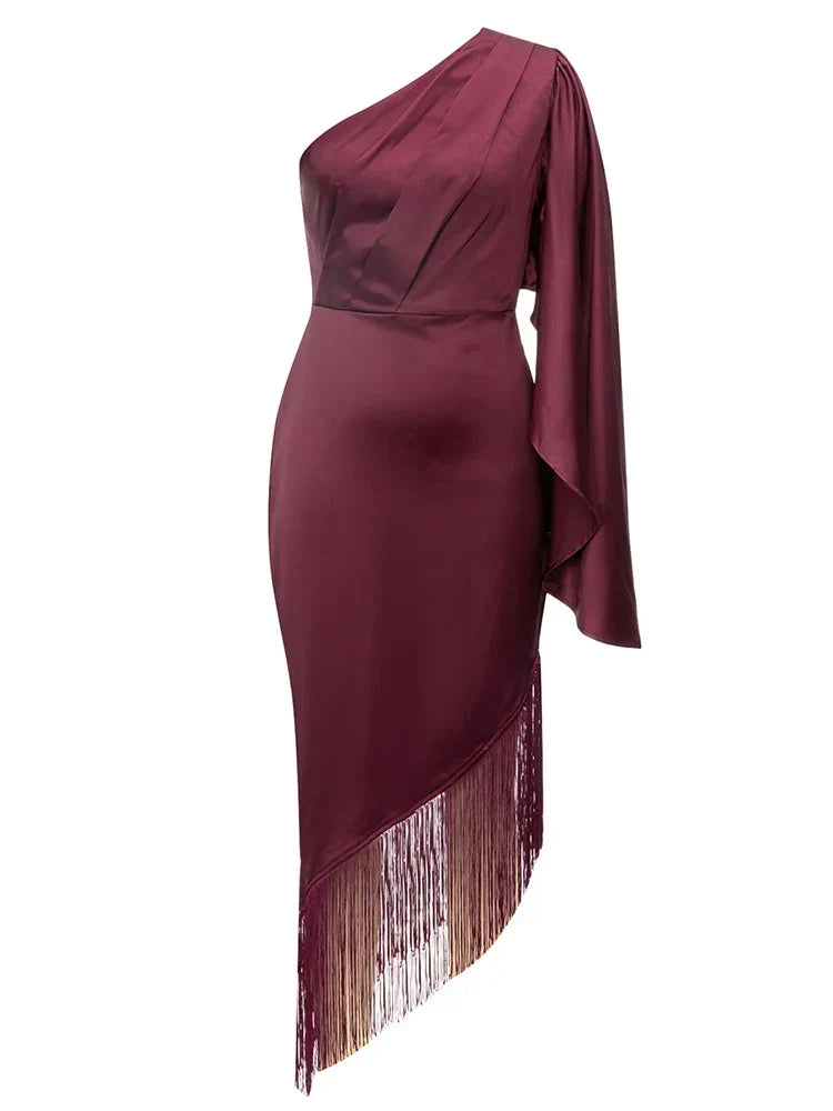 Sexy One Shoulder Tassel Design Diagonal Collar Asymmetric Fringe Christmas Party Dress Burgundy /