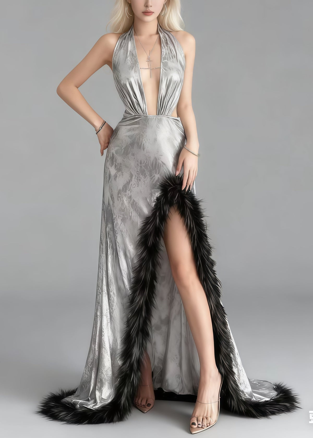 Metallic Halter Neck Deep V-Neck Cut Out High Split Maxi Gown