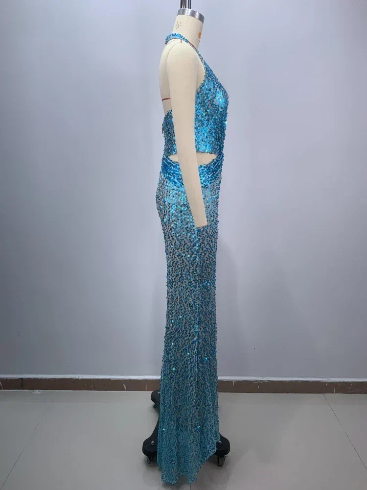 Deep V-Neck Sequin Maxi Dress