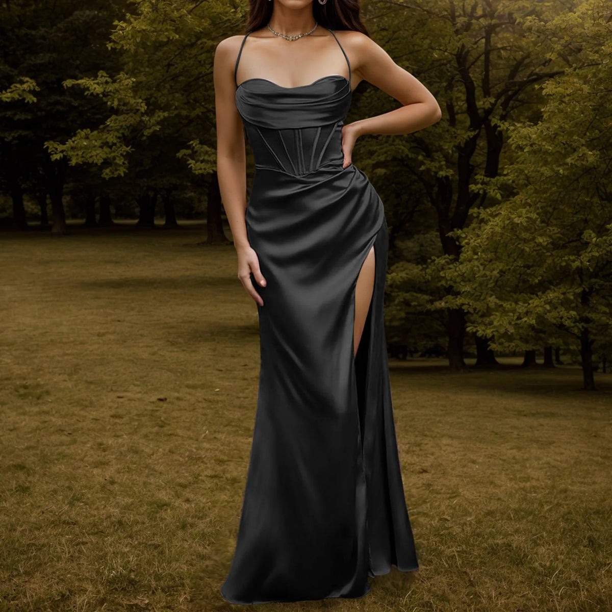 Satin Spaghetti Strap Corset High Split Mermaid Maxi Dress - View 3
