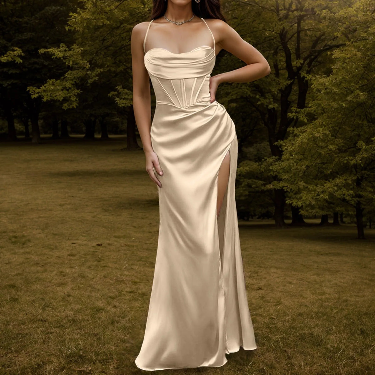 Satin Spaghetti Strap Corset High Split Mermaid Maxi Dress - View 5