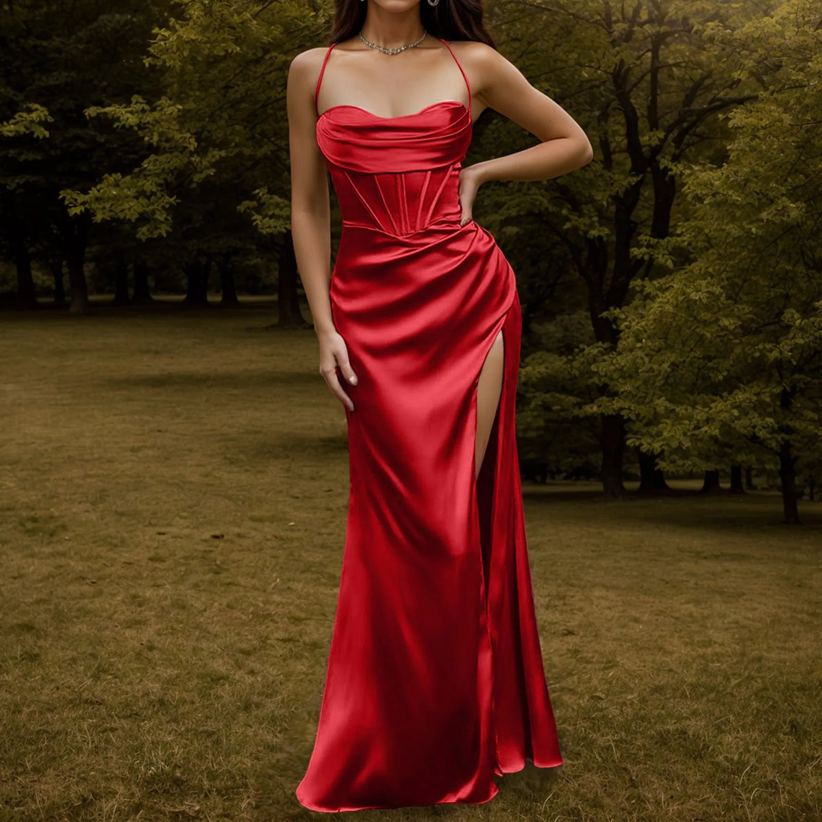 Satin Spaghetti Strap Corset High Split Mermaid Maxi Dress - View 4