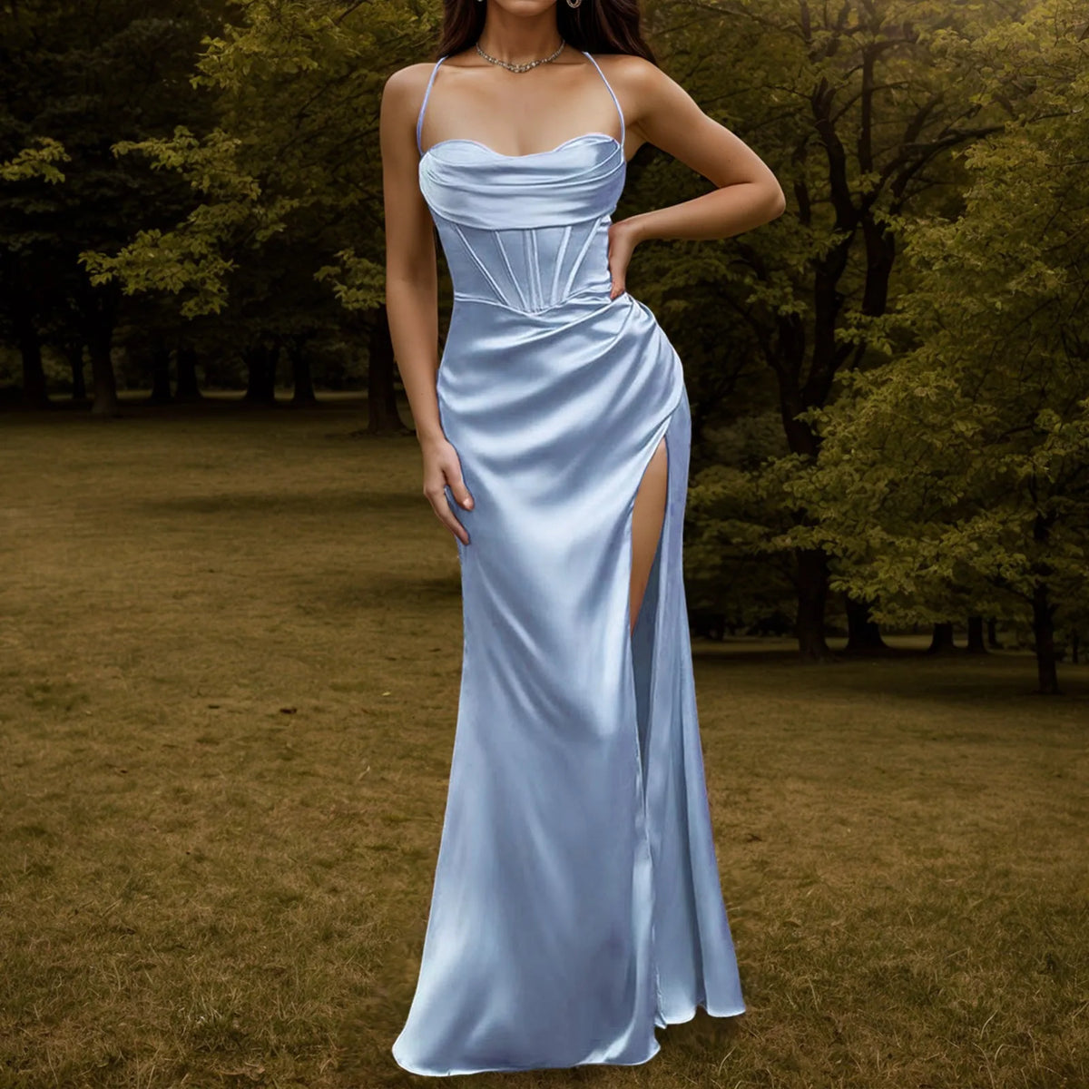 Satin Spaghetti Strap Corset High Split Mermaid Maxi Dress - View 8