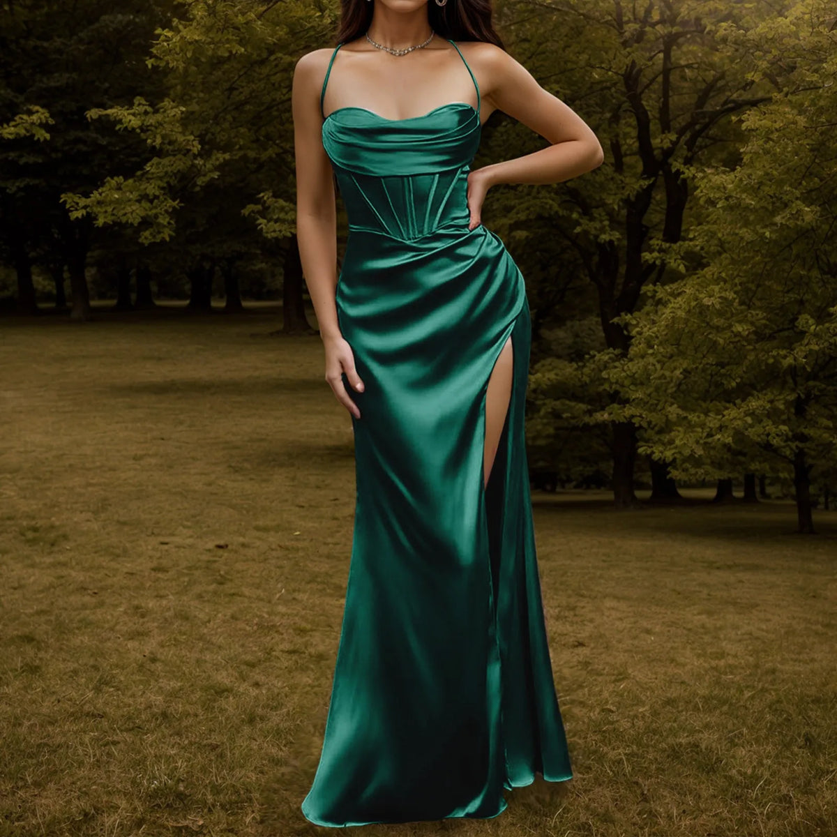 Satin Spaghetti Strap Corset High Split Mermaid Maxi Dress - View 9