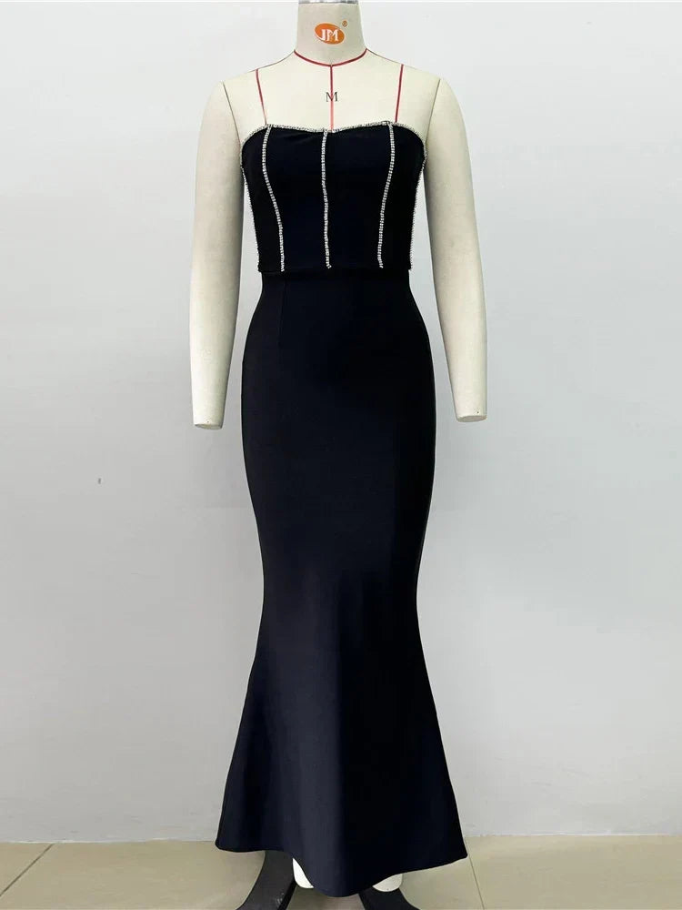 Strapless Rhinestone Trim Corset Bodice Mermaid Midi Dress 2