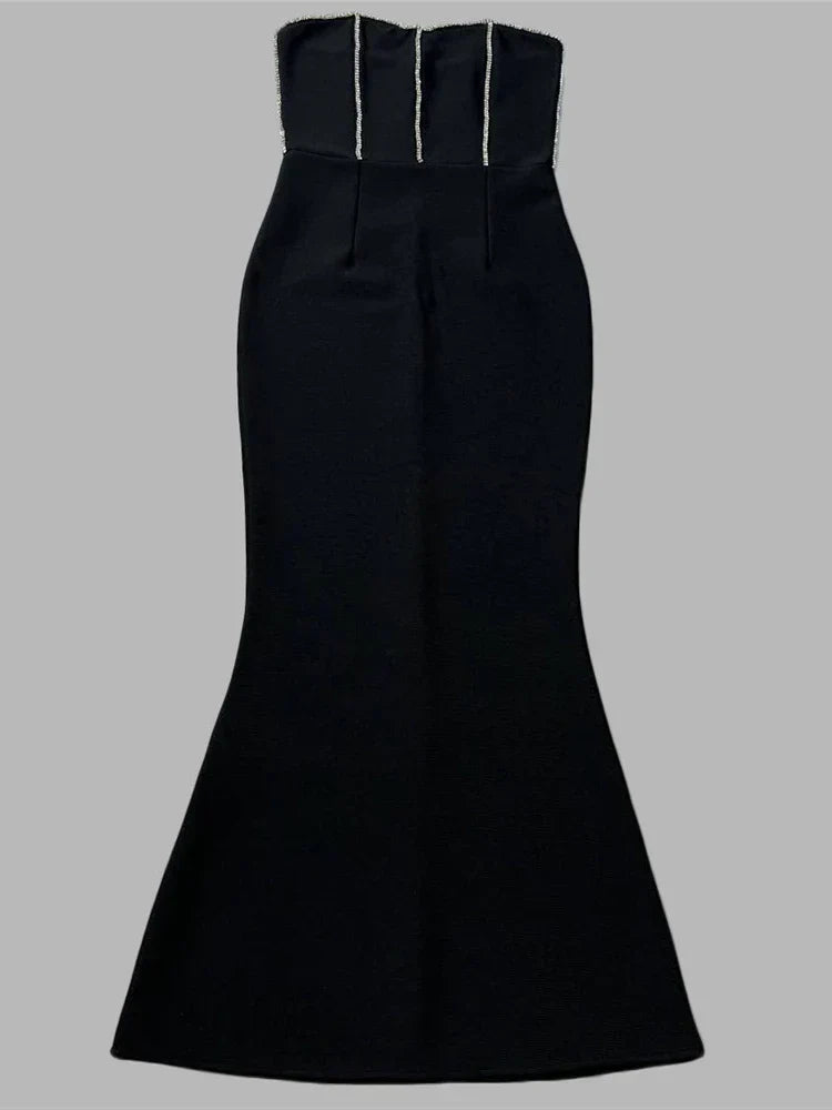 Strapless Rhinestone Trim Corset Bodice Mermaid Midi Dress 4