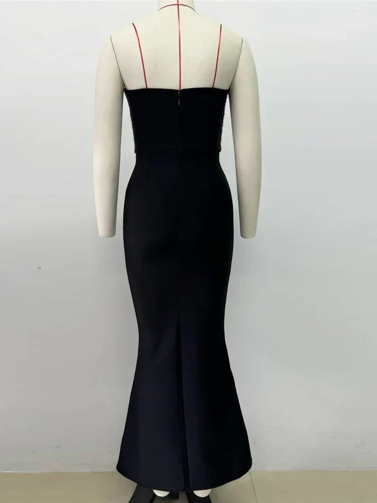 Strapless Rhinestone Trim Corset Bodice Mermaid Midi Dress 3
