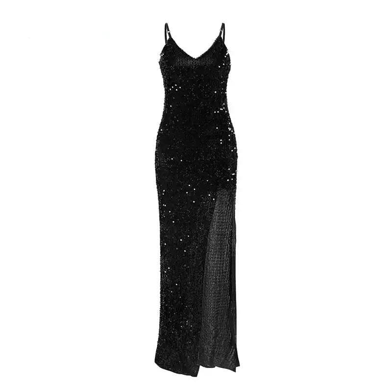 Sequin Spaghetti Strap Deep V-Neck Thigh High Split Maxi Gown - View 4