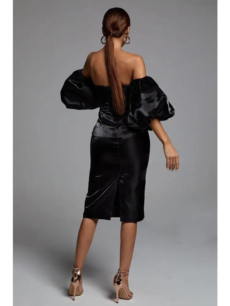 Off-Shoulder Deep V-Neck Satin Midi Dress