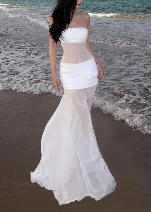 Strapless Ruched Bodice Sheer Waist Floral Rosette Maxi Gown - View 3
