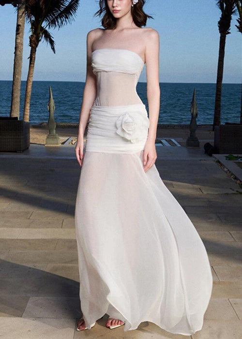 Strapless Ruched Bodice Sheer Waist Floral Rosette Maxi Gown - View 4