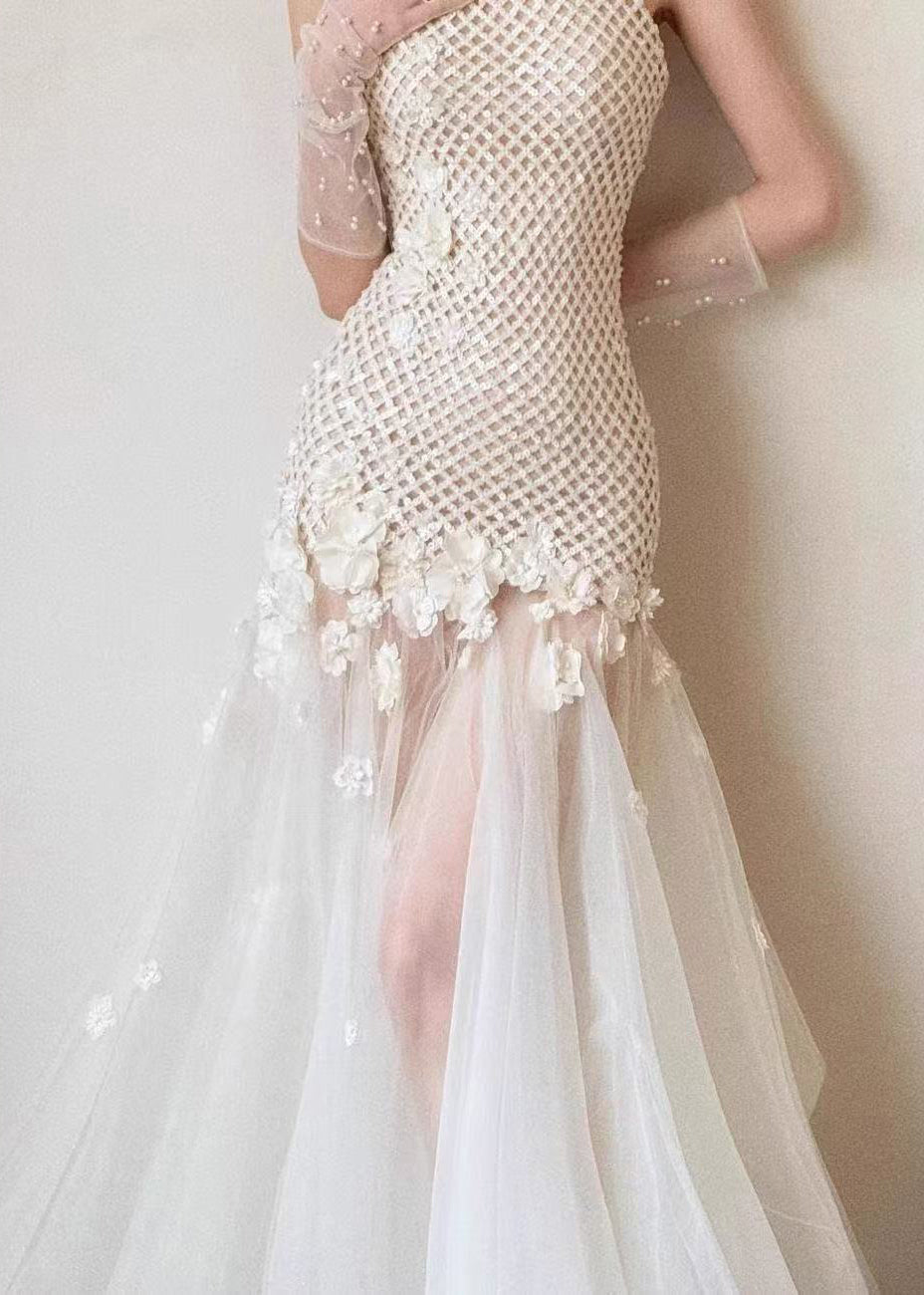 Halter Neck Lattice Bodice Floral Appliqué Tulle Maxi Gown - View 5
