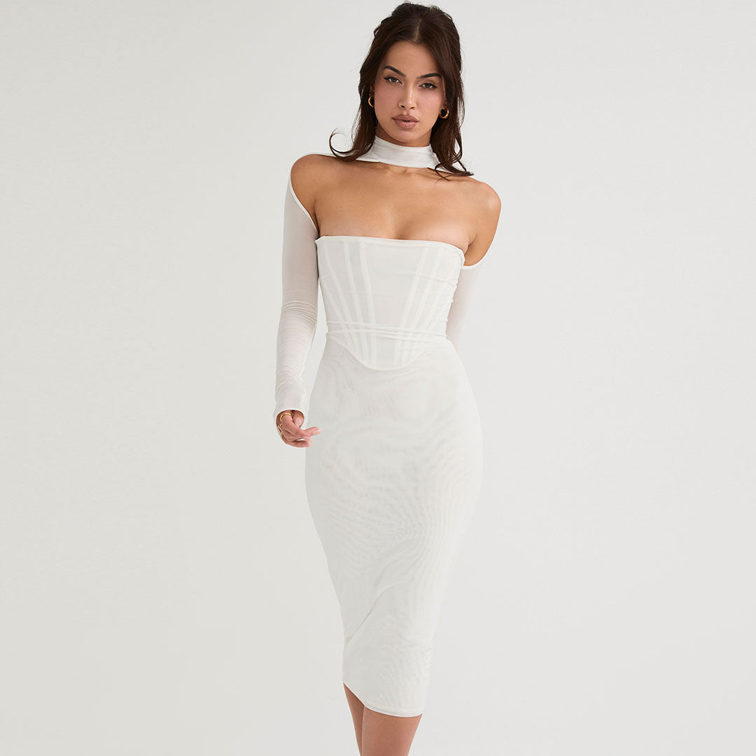 Cut Out Long Sleeve Mesh Mock Neck Corset Bodycon Midi Dress - View 2