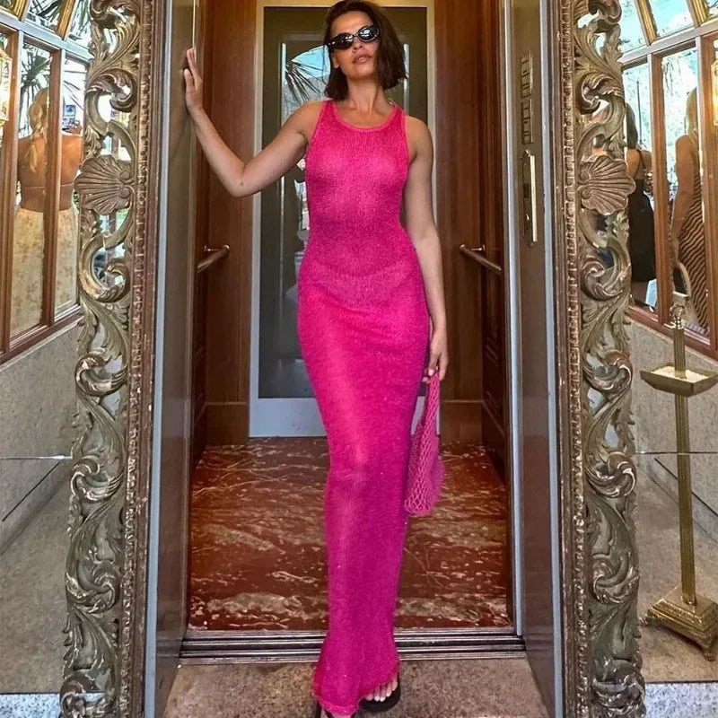 Sheer Knit Sleeveless Bodycon Maxi Dress