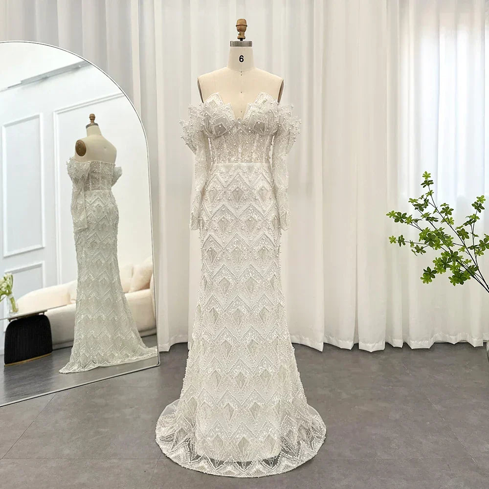 Beaded Off Shoulder Long Sleeve Mermaid Maxi Gown - View 9