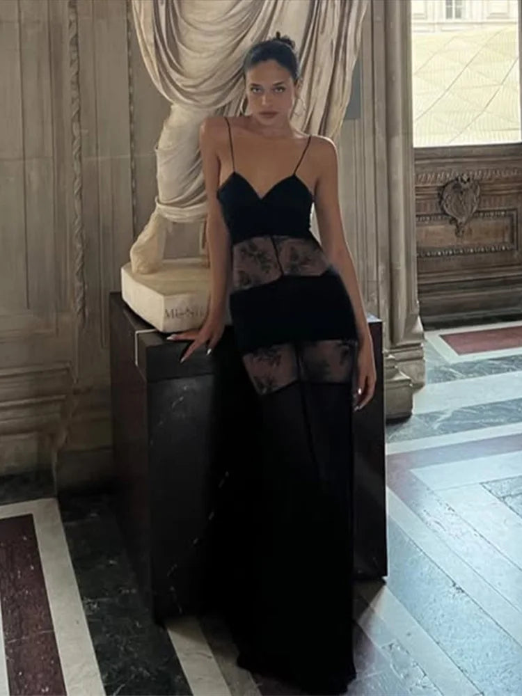 Halter Deep V-Neck Lace Panel Sheer Insert Sleeveless Maxi Gown - View 11