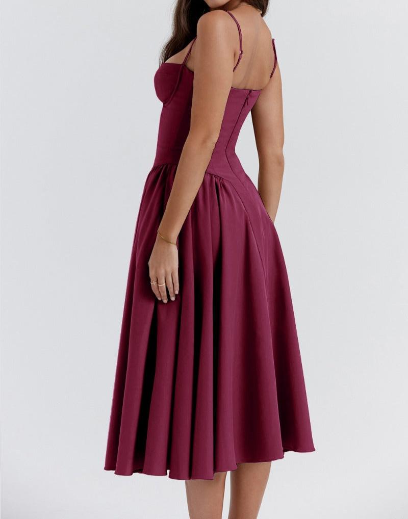 Spaghetti Strap Sweetheart Corset Fit and Flare Midi Dress 26
