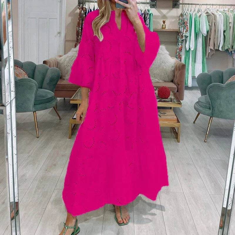 Lace Eyelet Bell Sleeve Button Front Tiered Ruffle Maxi Dress - View 4