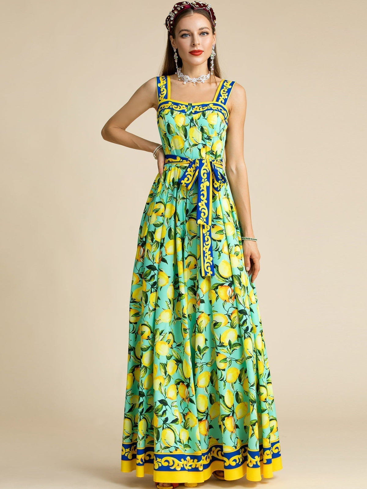 Lemon Print Square Neck Belted A-Line Maxi Dress 5