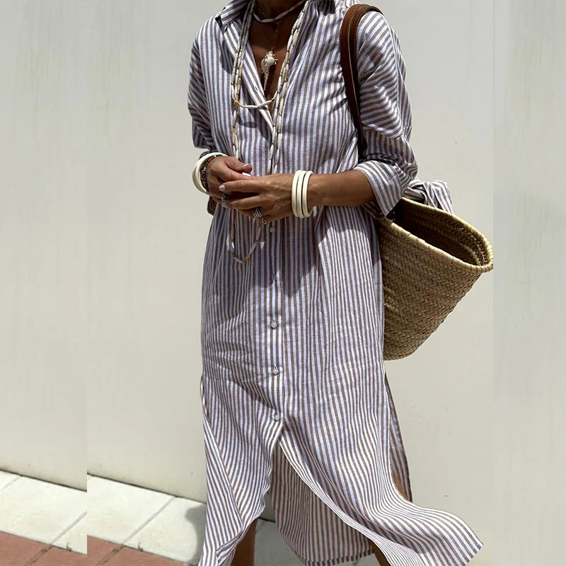 Striped Relaxed Fit Button Down Shirttail Hem Midi Shirt Dress - View 5
