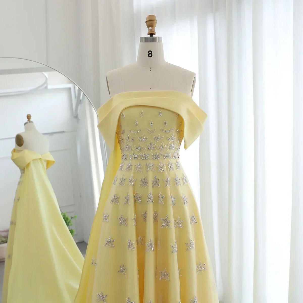 Off Shoulder Rhinestone Floral Beaded Tulle Cape A-Line Maxi Gown - View 7