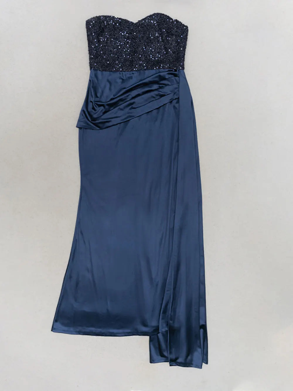 Sequin Strapless Sweetheart Ruched Draped Side Panel Satin Maxi Gown - View 10