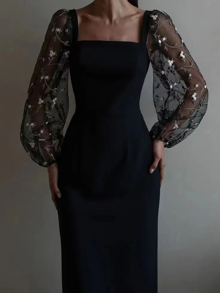Floral Embroidered Mesh Puff Sleeve Square Neck Bodycon Maxi Dress - View 5