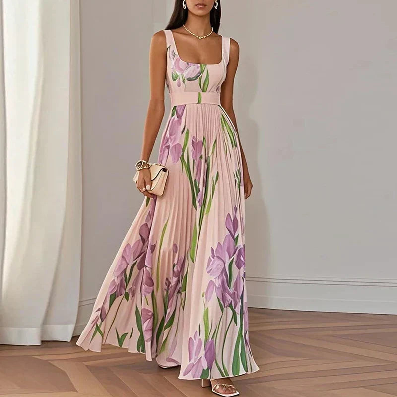 Floral Pleated Square Neck Sleeveless A-Line Maxi Dress Wedding Guest 4