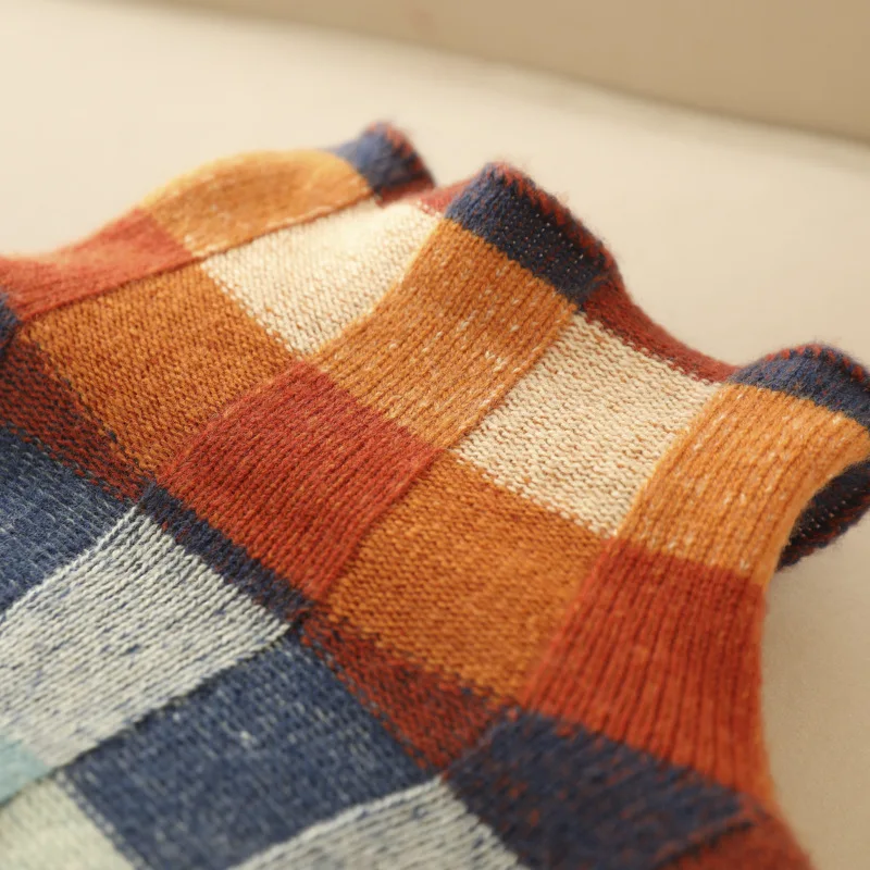 Mock Neck Patchwork Check Knit Oversized Sweater 4