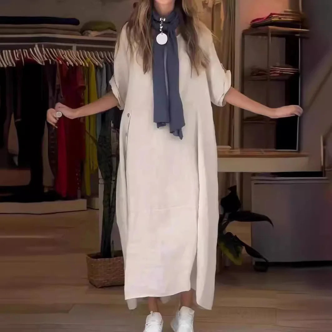 V-Neck Roll Tab Sleeve Pocket Oversized Maxi Dress 8