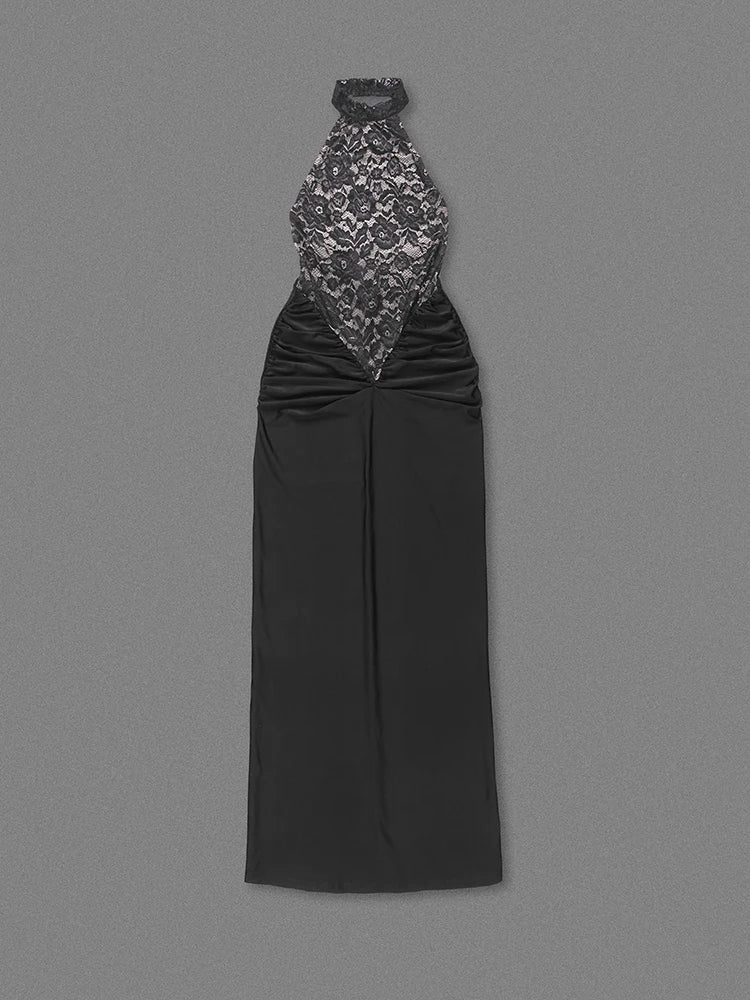 Halter Neck Lace Patchwork Black Maxi Dress - View 8