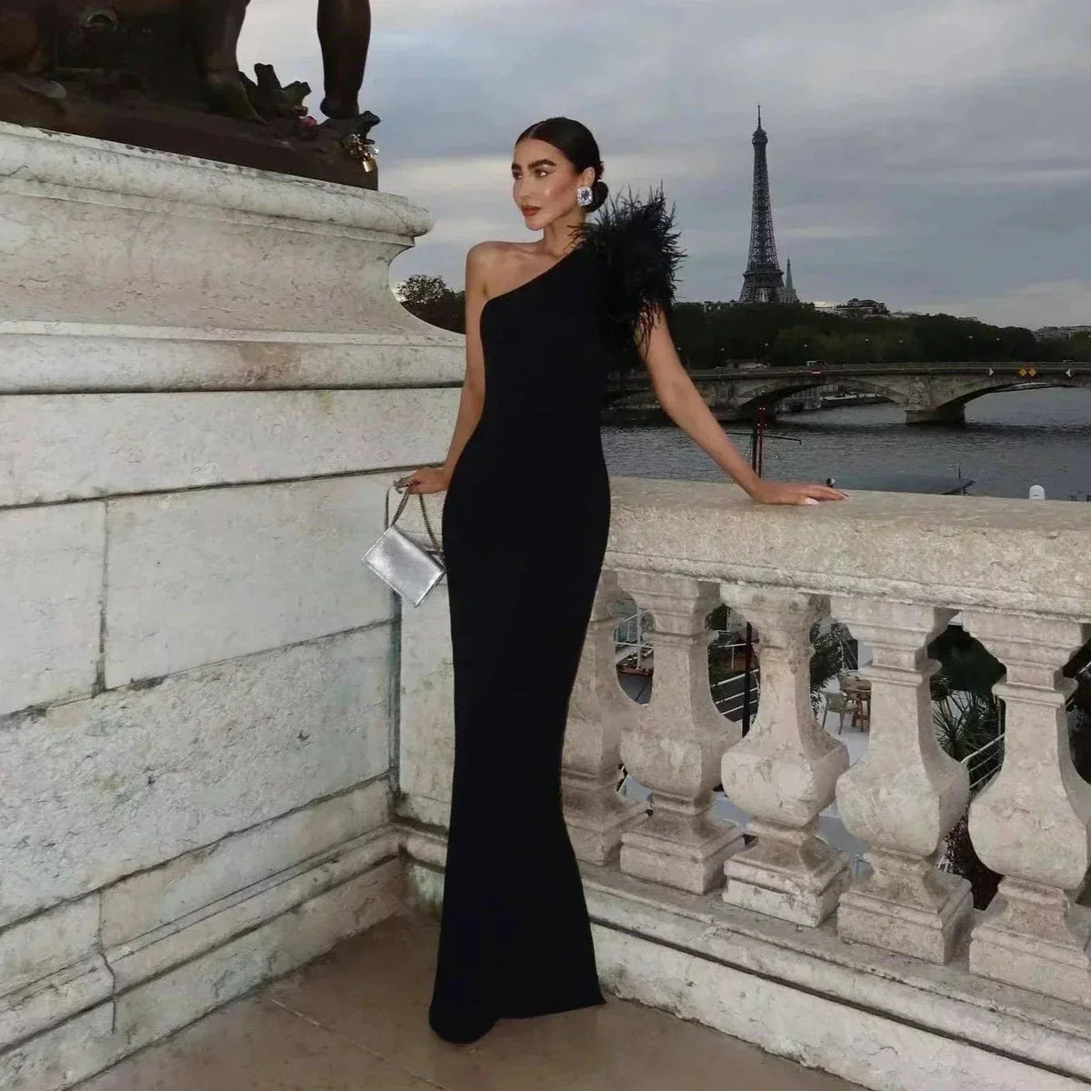 Dainty In The Dark Elegant One Shoulder Feather Maxi Dress - View 6